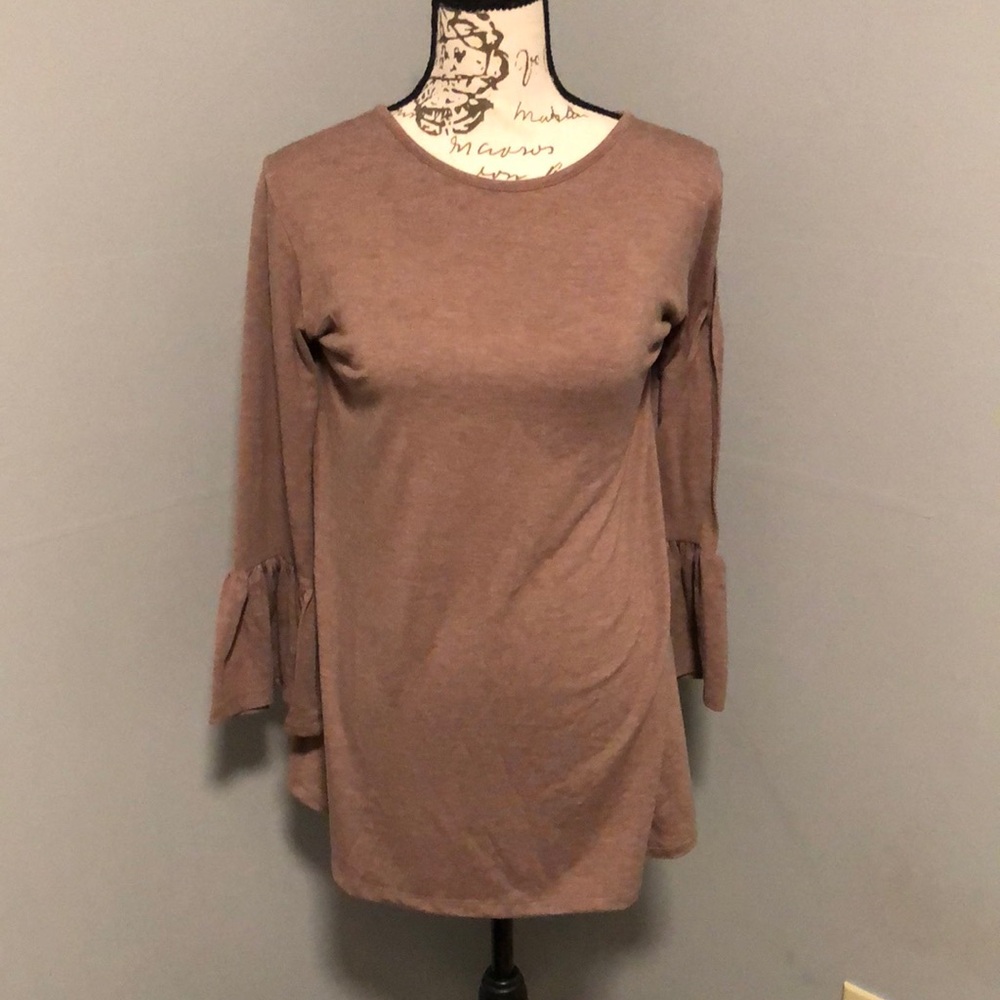 Brown Long Sleeve Top with Ruffle Cuffs
